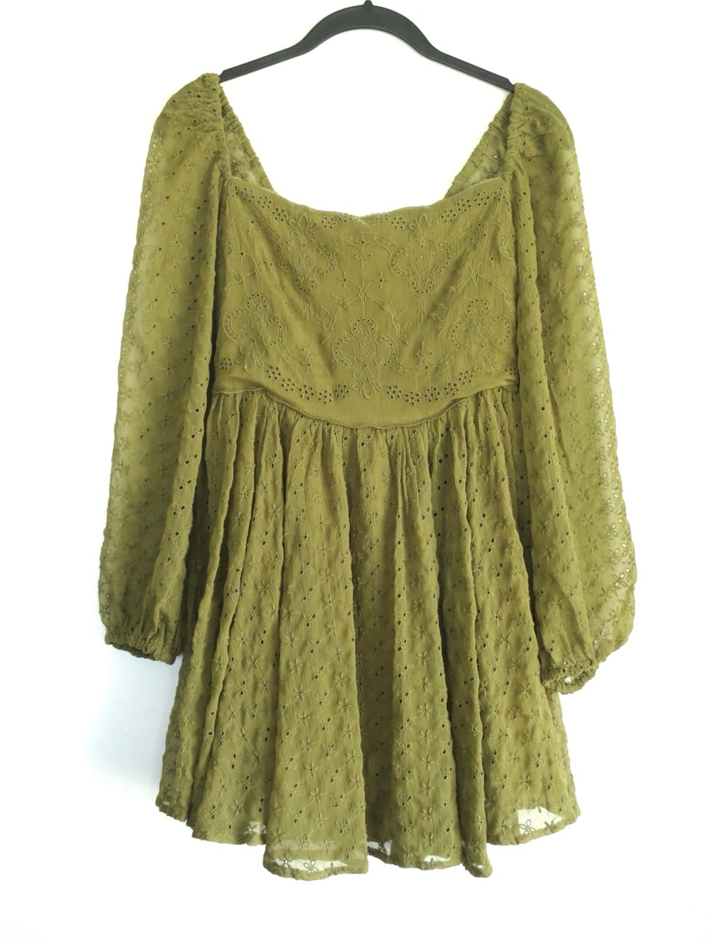 Free People Olive Green Lace Mini Dress with Sheer Long Sleeves